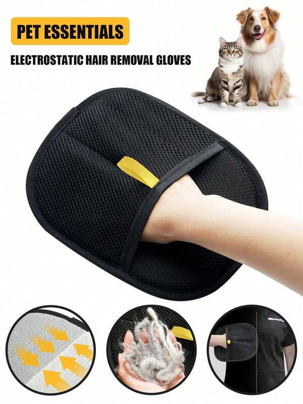 Guantes de eliminación de pelo estático para mascotas grandes - Guantes de belleza para gatos de polipropileno negro con decoración amarilla, eliminación eficiente de pelo y ácaros de mascotas, herramienta esencial para gatos y perros | Accesorios de mascotas de moda | Guantes de cuidado duraderos