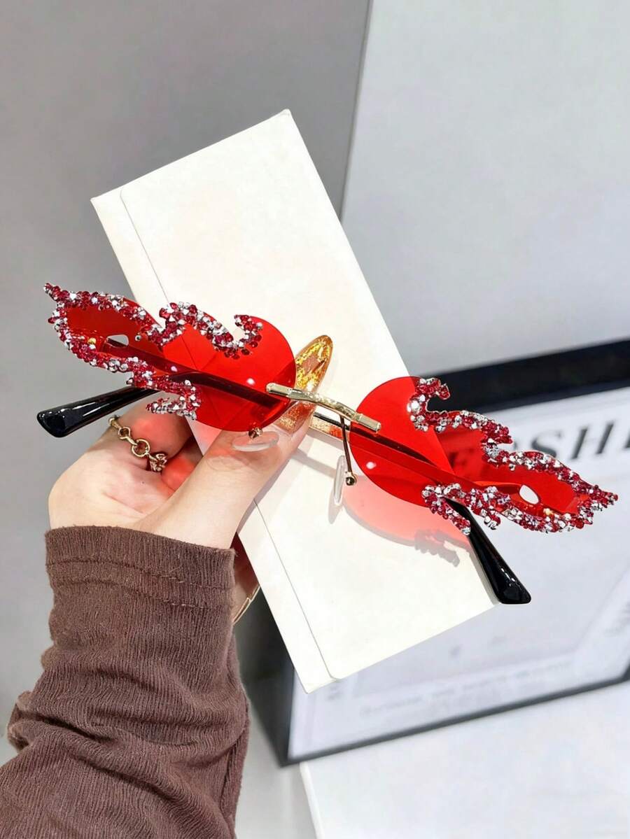 1/2/3pcs Women's Flame Shaped Rhinestone Red Rimless Glasses, European And American Style Exaggerated Personalized Fashion Glasses, Zinc Alloy Temple, Suitable For Party / Music Festival / Street Photography / Theme Event / Stage Performance Niche Eye-Catching Accessory - Multicolor - View 1