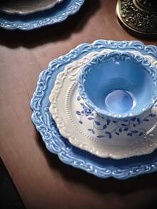 1 件原创蓝白浮雕纹理陶瓷餐具套装，创意厨房餐具，汤碗，面碗，独特设计盘子，牛排盘，沙拉盘，厨房用品，餐厅盘子 - 彩色 - 查看 11