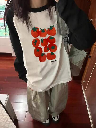女式宽松休闲百搭英式插肩撞色番茄水果印花长袖T恤