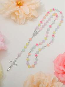 1pc Handmade Multicolor Beaded Cross Necklace, Rosary, Virgin Mary Medal And Jesus Cross Pendant