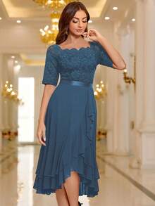 MIUSOL Boat Neck Floral Lace Paneled Ruffle Hem Cocktail Party Swing Dress - Dusty Blue - View 6