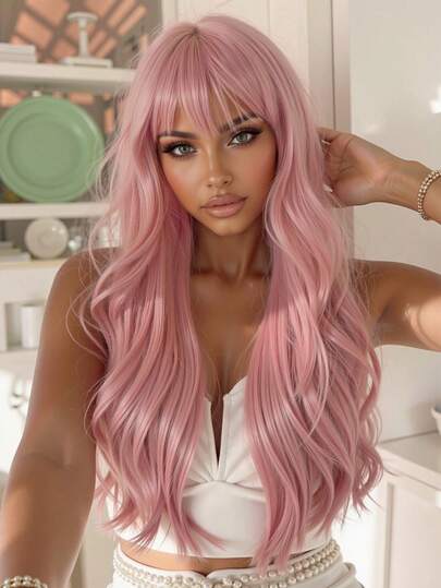 Parrucca rosa con frangia, lunga e riccioluta, in capelli sintetici resistenti al calore, adatta per donne, cosplay e feste, 26 pollici