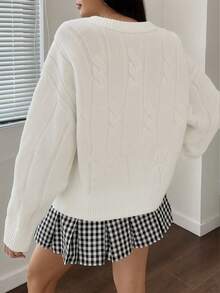 1pc Girls Teen Minimalist Solid Color Cozy Casual Outdoor Pullover Warm Thick Knitted Sweater, Autumn/Winter - trắng - Xem 3