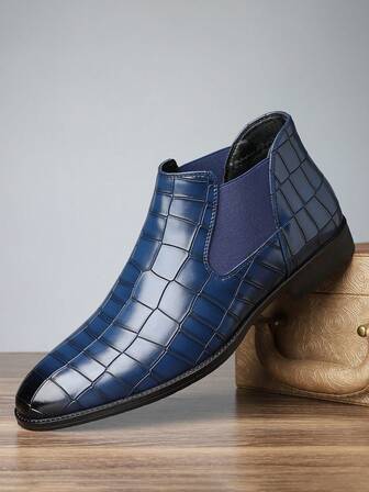 1 Pair Men's Elastic Side Panel Round Toe Low-Top PU Leather Upper Rubber Sole Lightweight Comfortable Chelsea Boots, Suitable For Business Casual Occasions