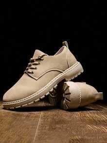 Men's Formal Shoes, New Fashion Slip-On Lace-Up Leather Shoes, Black, Suitable For All Seasons, Casual & Business Wear, Retro British Style, Comfortable Thick-Sole Leather Shoes - Khaki - View 6