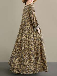 AZAH Tops, Yellow Flower Long Dress, 2025 Round-Neck Long-Sleeved Pleated Skirt, Autumn Long Dress, Loose Dress For Middle-Aged And Elderly Mothers, Bohemian Casual Vacation Long Dress, One Dress, Random Print, Pocket Dress