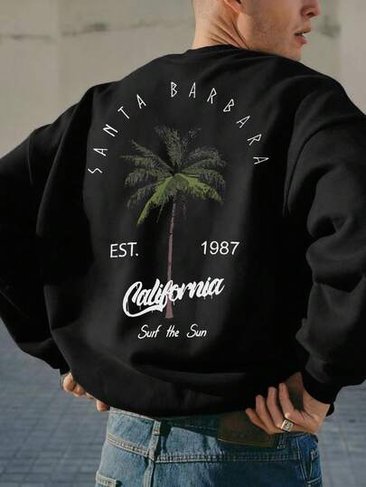 男士圆领长袖棕榈树字母印花加州风时尚宽松舒适卫衣，秋季款