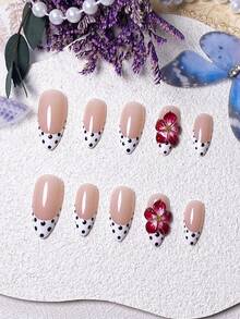 10 件手工制作杏仁形红色法国波尔卡圆点 3D 美甲贴纸，优雅奢华指甲贴花 - 彩色 - 查看 4