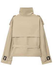 Cropped Trench Coat Women Belt Windbreaker Jacket Autumn Winter Coat Female Outfits Short Outerwears Fall Ladies Crop Bomber Jacket - Khaki - View 7