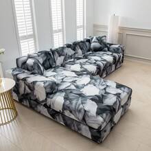 Set di 2 copridivano per divano angolare a L, copridivano elasticizzato stampato, copridivano universale antiscivolo per divano angolare con 2 federe, 3 posti + 3 posti - Foglie bianco-grigiastre - Visualizzare 6