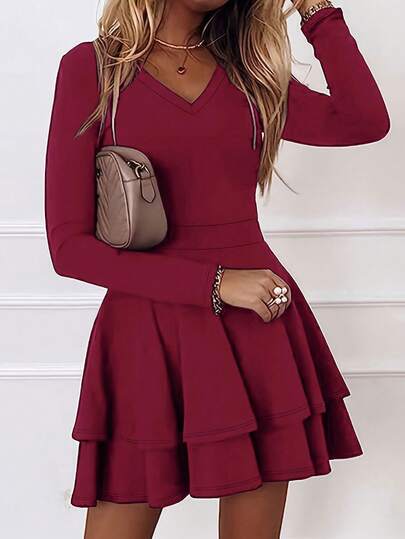 V-Neck Long Sleeve Cinched Waist Double-Layer Cake Dress For Women