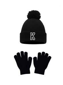 2 pezzi/set Cappello e guanti a motivo alfabeto 26 lettere per neonati, caldi e carini, unisex, adatti per autunno/inverno all'aperto, abbinamento alla moda, può essere un regalo di compleanno - nero - Visualizzare 4