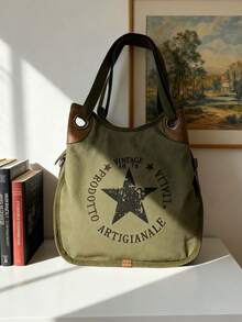 Túi xách nữ cỡ lớn in hình ngôi sao cổ điển, có khóa kéo, màu xanh ô liu/đen/xám/kaki, kiểu dáng cổ điển retro, có thể đeo vai hoặc đeo chéo, giặt máy được, nhiều ngăn, in chữ, trang trí họa tiết, thời trang đa năng, lý tưởng cho đi làm, mua sắm, du lịch, dự tiệc, hẹn hò và các dịp năm mới. - Nhiều màu - Xem 5