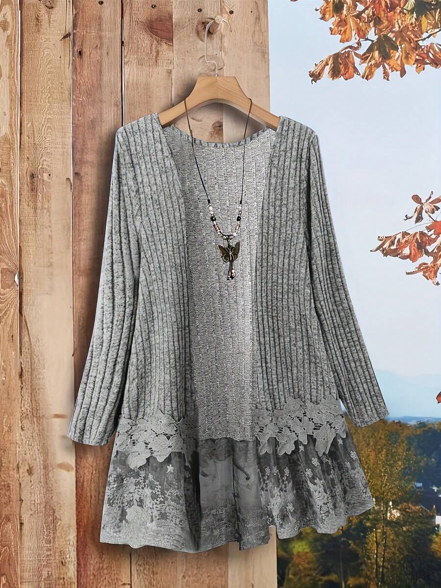 Cardigan feminino plus size casual elegante confortável versátil para férias texturizado com nervuras e bainha de renda, manga comprida