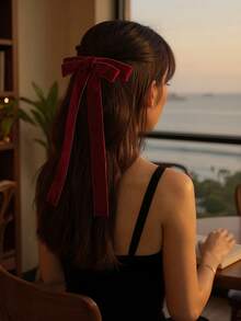 1个缎面优雅酒红色蝴蝶结发夹，发带，马尾辫发圈，金属蝴蝶发饰，女孩生日发饰，青少年发爪夹，学习用品 - 酒紅色 - 查看 2