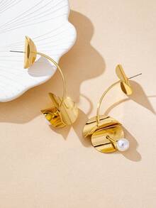 1 对时尚不对称几何金属金吊坠耳环，适合女性日常和派对装扮 - 金黃色 - 查看 5