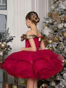Young Girl Christmas Dress, Bow Decor Tulle Princess Party Dress, Suitable For Girls Birthday Party, Holiday Celebration, Wedding And Other Important Occasions - 酒紅色 - 查看 4