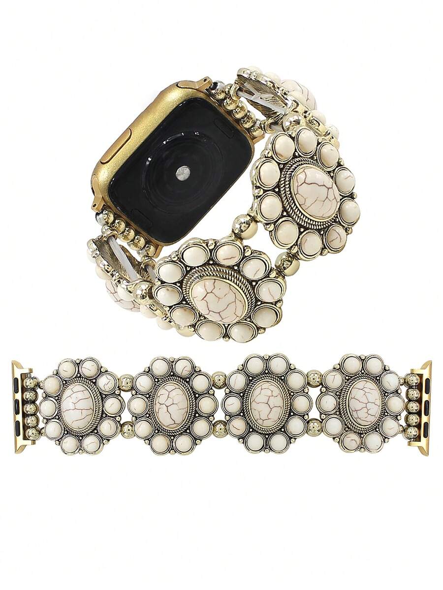 1pc Bohemian Style Vintage Fashion Oval Turquoise Elastic Bead Watch Band Compatible With Apple Watch Band 38mm 40mm 41mm 42mm 44mm 45mm 49mm (S10 42)Mm (S10 46)Mm For Women, Handmade Watch Band Compatible With Iwatch Series Ultra/SE/S10/S9/8/7/6/5/4/3/2/1, Exquisite Women's Fashion Watch Accessories,