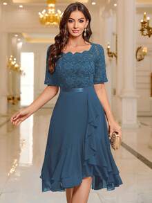 MIUSOL Boat Neck Floral Lace Paneled Ruffle Hem Cocktail Party Swing Dress - Dusty Blue - View 2