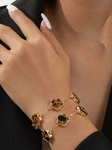 1pc Leopard Print & Clover Vintage Style Bracelet, Suitable For Women's Casual, Party, Fashion Matching