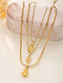 3 peças Colar Multicamadas de Estilo de Férias com Camadas de Pêra e Concha Banhado a Ouro 18K, Aço Inoxidável, Moda Choker