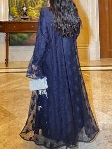 Women's Brown Lace Satin 2 Pieces Long Robe With Exquisite Details Spring - Dark Blue - View 6