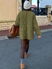 Women's Solid Color Single-Breasted Long Sleeve Quilted Casual Winter Jacket - Army Green - View 4