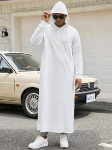 Kamisweat 穆斯林男士连帽黑色长袍，适合礼拜、度假、日常休闲、轻运动穿着。舒适的面料设计，简洁时尚的前胸拉链设计，两侧斜插口袋更加灵活，下摆两侧开衩设计，不易绊倒。多种颜色可选，蓝色、深绿色、橄榄绿、红色、卡其色、白色、灰色、棕色、紫色、红色，总有一款适合您。