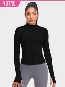 VUTRU Zip Up Thumb Holes Sports Jacket Compression Shirt - Black - View 1