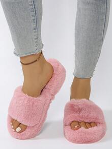 Fall/Winter Women's Fluffy Open Toe Platform Slippers, Comfortable Soft Open Toe Non-Slip Indoor Slippers, Home Slippers,Furry Shoes - Rose Red - View 2