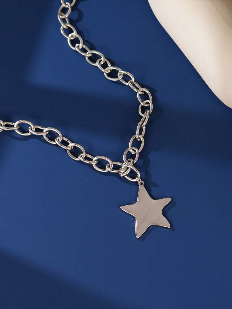 1 件夏日海滩海星吊坠粗链项链，适合女性日常、派对、度假、旅行佩戴 - 銀色 - 查看 4