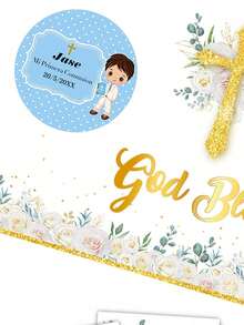 35Pcs Personalized Custom First Communion Stickers - Round (4x4cm) Customized Baptism And Naming Label Stickers. The Elegant Design (Chalice, Floral Patterns, Date/Name Personalization) Enhances The Gift Presentation. - Multicolor 3 - View 3