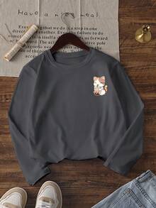 1 件女童休闲印花圆领长袖 T 恤，秋季学生年轻服装上衣 - 有趣的印花 T 恤一定会让孩子们微笑 - 深灰色 - 查看 3