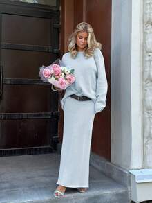 女士休闲浪漫休闲薄款长袖宽松毛衣搭配长裙两件套 Ootd 廓形适合秋冬服装、秋季女装、冬季女装 - 藍色 - 查看 6