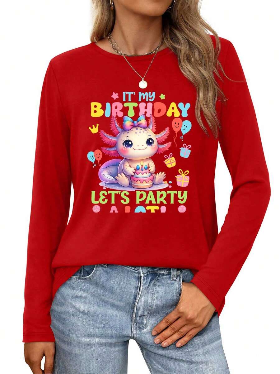 Happy Birthday Axolotl With Cake And Balloons Womens Long-Sleeve Crewneck T-Shirt - 紅色 - 查看 1