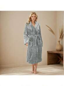 Flannel Plain Weave Hooded Bathrobe, Soft, Comfortable, And Warm Women's Nightgown, Short-Length Terry Cloth Shawl-Collar Bathrobe - 灰色 - 查看 2