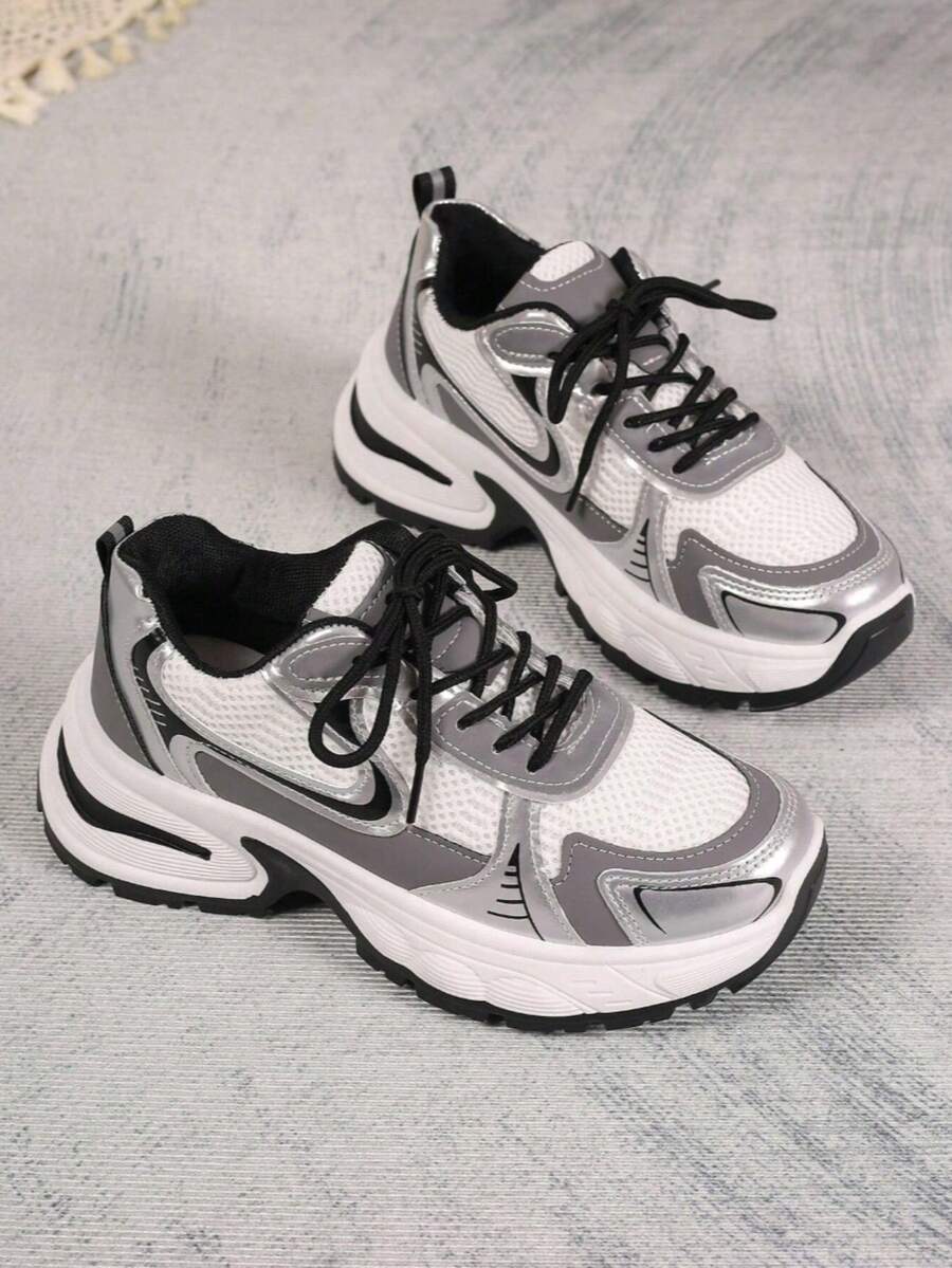 Women's Casual Sneakers, Thick Sole, Breathable, Suitable For All Seasons - Silver - View 1