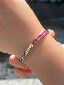 1 Stück Regenbogen-CZ Prinzessin Quadrat Fassung 3,0 mm Tennis Armband, versilberter kubischer Zirkonia Schmuck für Frauen für Bräute, Verlobung, Hochzeit, Bankett, Party, Mutter, Brautjungfern, Ehefrau, Weihnachten