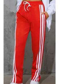 Women's  Straight Leg Lowrise Sweat Pants Drawstring Elastic Joggers Pantswith Pockets - 紅色 - 查看 3