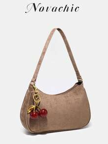 1个 Novachic 柔软绒面短款驼色可爱樱桃装饰简约单肩包，拉链封口，复古风格，腋下包，适合多种场合，秋冬季 - 卡其色 - 查看 2