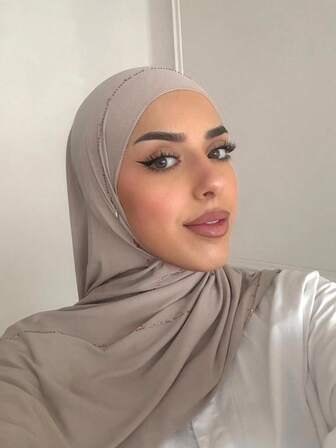 1 pezzo Sciarpa morbida in jersey tinta unita da donna, decorata con strass, stile arabo casual lungo, colore unito conservativo, adatto per uso quotidiano con abiti