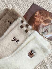 Conjunto de 4 pares de meias femininas grossas e quentinhas com estampa de animais e laços, ideais para uso doméstico, outono/inverno. Meias aconchegantes. - Multicolorido - Ver 7