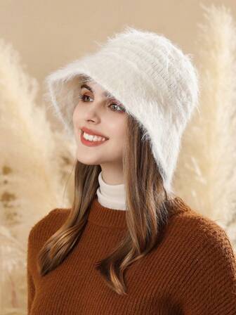 1pc Women's Korean Style Striped & Solid Color Knitted Fuzzy Bucket Hat, Versatile Warm Autumn/Winter Niche Knit Cap, Suitable For Small Head Size