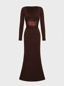 Sexy Y2K Mesh Patchwork Long Sleeve Dress, Sheer Black French Elegant Design Dress For Dates And Parties - Brown - View 6