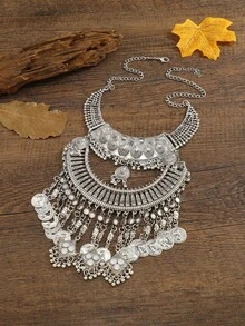 Vintage Coin Multi-Layer Tassel Necklace For Women Casual Party Dance Accessories Collarbone Chain Sweater Chain - Silver - View 4