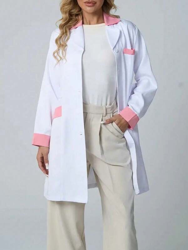 Long Sleeve Woven Fabric Laboratory Coat, Shirt Collar, Mid-Length, Button Details And Pockets