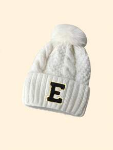1 chiếc mũ len thêu chữ cá nhân hóa cho bé gái, mũ len trẻ em 26 chữ cái, mũ len xoắn mùa đông mới, mũ lông cừu dày dặn có quả bông mềm mại, mũ len giữ ấm màu trơn cho trượt tuyết. - trắng - Xem 7