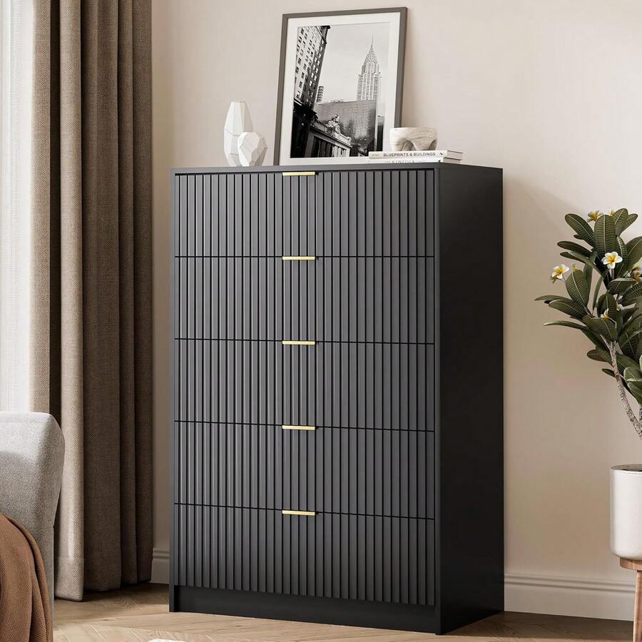 BVFUKA 5 Drawer Dresser For Bedroom, Tall Dresser Chest Of Drawers With Gold Handles, 32 Inch Wide Nightstand With For Bedroom, Living Rooms, Offices, And Entryways, Black - 黑色 - 查看 1