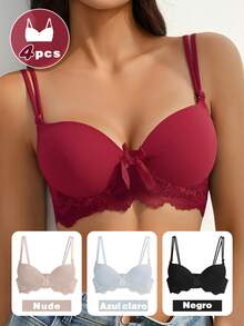 Pack x4 Brasieres Push-Up 3/4 Copa - Ajuste de 3 Niveles, Tirantes Regulables con Lazo, Colores Sólidos Elegantes - Lencería Diaria Cómoda,Nude, Negro, Blanco, Morado - Negro+Blanco+Desnudo+Burdeos - Ver 2